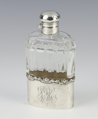 An Edwardian cut glass silver mounted spirit hip flask with silver lid and engraved monogram base cup 15cm 