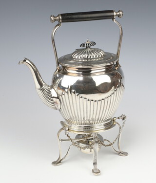 An Edwardian silver plated demi-fluted repousse tea kettle on stand with burner 