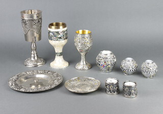 A 925 standard filled shallow dish decorated with buildings, a ditto candle holder, dish, 3 goblets and 4 candle holders