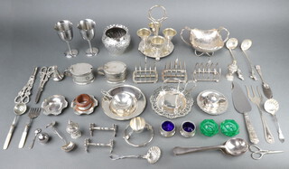 A pair of Georgian silver plated oval mustards and minor plated wares 
