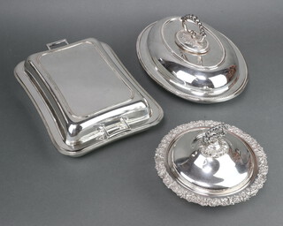 Two silver plated entree dishes and a plated bowl and cover