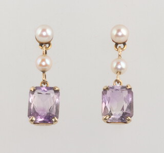 A pair of 9ct yellow gold amethyst and seed pearl drop earrings 2.2 grams