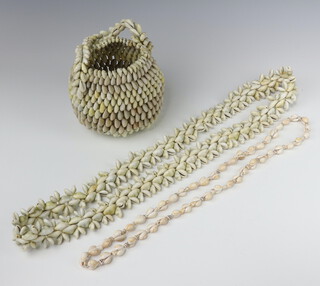 A seashell necklace 100cm, one other 88cm, together with a basket 