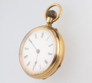 A lady's yellow metal 18k fob watch with enamelled dial and inner yellow metal 18k dust cover, contained in a 35mm case 