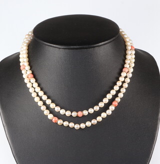 A cultured pearl and coral necklace with yellow metal pearl and coral clasp 80cm, a ditto bracelet 18cm 