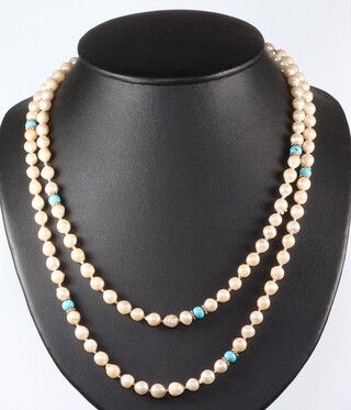 A cultured pearl and turquoise necklace with 9ct yellow gold clasp 100cm 