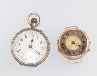A lady's 9ct yellow gold wristwatch (missing glass, damaged dial) together with a silver fob watch 