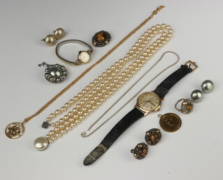 A tiger's eye brooch/pendant with matching ring and earrings together with 2 pairs of earrings, a brooch3 necklaces and a lady's Girard-Perregaux wristwatch and a gentleman's wristwatch