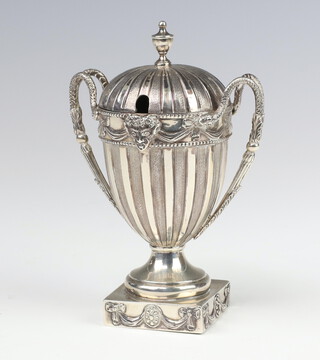 An Edwardian cast silver 2 handled mustard with scroll handles, decorated with  masks and laurels raised on a square base, London 1904, 180 grams, 13cm, maker Stoner and Evans 