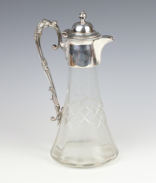A Victorian style silver plated mounted cut glass ewer with flared base 28cm 