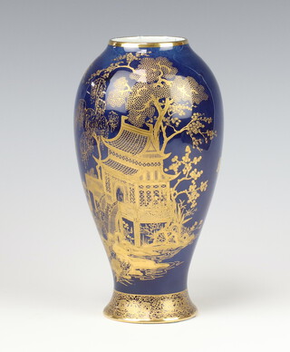 A Carlton Ware blue ground oviform vase decorated with Chinese landscape 19cm 2729