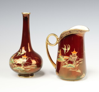 A Carlton Ware Rouge Royale jug decorated with a Chinese landscape 15cm, ditto oviform vase 17cm 