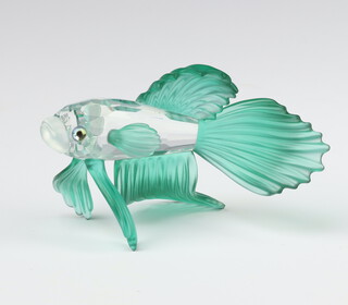 A Swarovski Crystal figure of a Japanese fighting fish with green fins 9cm, boxed 