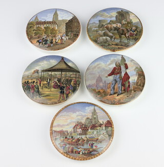 Five Victorian Prattware pot lids Wimbledon July 2nd 1860, 2 Continental townscapes, a rural scene with ruin and a standing soldier 9cm