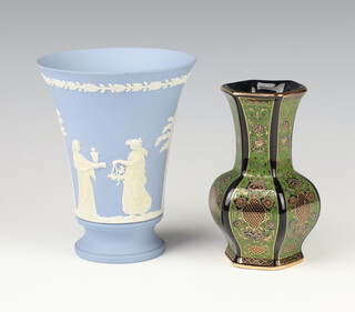 A Wedgwood blue Jasper Ware flared necked vase decorated with figures 16cm, a hexagonal Chinese baluster vase 14cm 