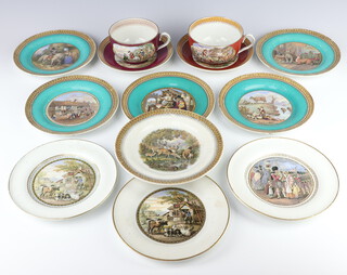 Two Victorian Prattware large teacups and saucers, 9 Prattware plates decorated with rural scenes, animals, street scenes, interior scenes 18cm 