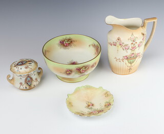 A Carlton Ware bowl decorated with flowers 20cm, ditto shell shaped dish 15cm together with a lidded vase and cover and a jug 