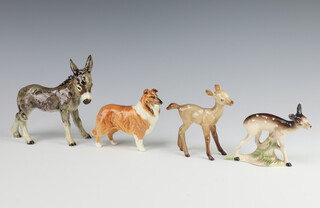 A Goebels figure of a standing donkey foal 12cm, a Beswick deer 9cm and a dog 12cm together with a Continental figure of a deer 