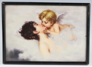 A 19th Century painted porcelain panel of an angel kissing a young lady amongst clouds signed Bach 13cm x 19cm 