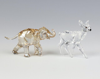 A Swarovski Crystal Society figure of a baby elephant 6cm, ditto of a deer 5cm, boxed 