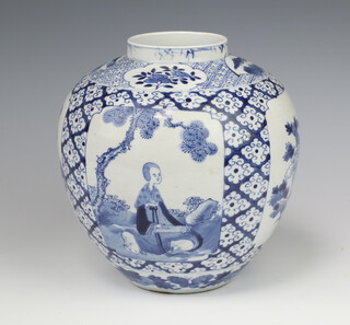 An antique style Chinese blue and white vase decorated with panels of figures and insects with birds amongst trees, character mark to base 21cm 