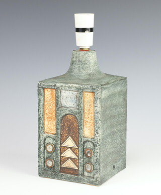 A Troika square table lamp with geometric decoration on a pale blue ground by Jane Fitzgerald 23cm 