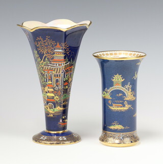 A Carlton Ware cylindrical blue ground vase decorated with Chinese landscape 2728 14cm, a hexagonal ditto 2936 19cm 