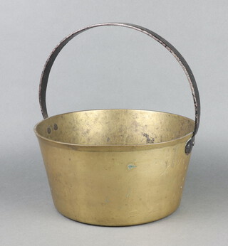 A brass preserving pan with painted steel handle 33cm h x 31cm diam. 