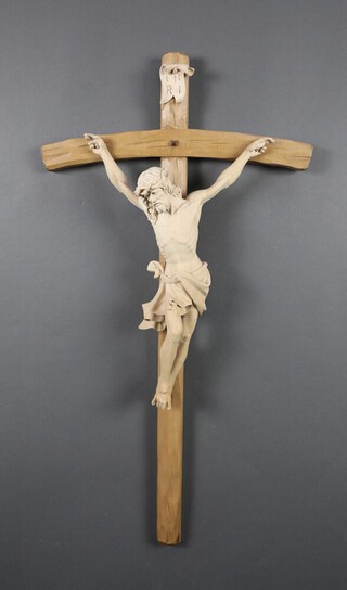20th Century Continental carved wooden crucifix, the reverse marked Toni Baur 85cm h x 45cm 