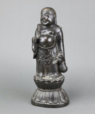 A bronze figure of Hotei, standing, 44cm h x 18cm w x 13cm d 