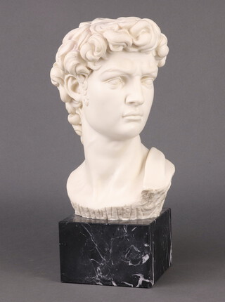 After the antique, a resin head and shoulders portrait bust of David, raised on a black veined marble base 39cm h x 14cm x 14cm 