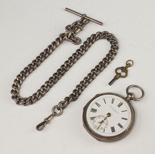 A Victorian silver key wind pocket watch Birmingham 1844 contained in a 5cm case, together with a silver Albert with T-Bar and clasp 78 grams 