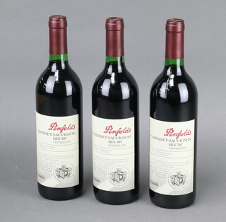 Three bottles of 1997 Penfold Bin End Cabernet Sauvignon Bin 707 red wine, bottle serial numbers - 042801, 042859 and 042448 