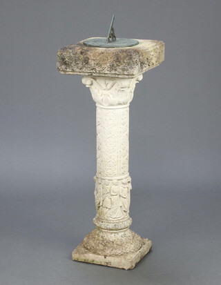 A circular well weathered concrete sundial, on ditto base, 79cm h x 29cm diam. (in 3 sections) 