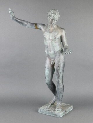 After the antique, a resin figure of a standing man raised on a square base 65cm h x 16cm w x 17cm d  