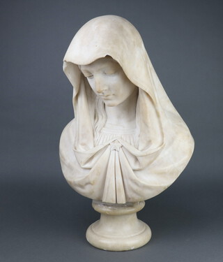 A carved marble head and shoulders portrait bust of Virgin Mary, raised on a circular socle base 56cm h x 36cm w x 13cm d 