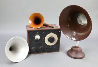 A BTH Type C 2 Form C radio speaker and stand 56cm,  a Sterling Dinkie pressed metal radio speaker 28cm, a radio receiver 29cm x 38cm x 21cm and a cylindrical pressed metal "gramophone horn" 26cm  