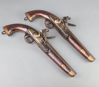 A pair of 19th Century 14 bore Belgian Naval flintlock pistols, one with crowned DN mark to the lock plate, the barrels 23cm long  