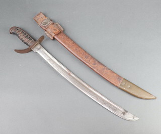 An Eastern sword with 46cm blade, leather grip, contained in a leather scabbard