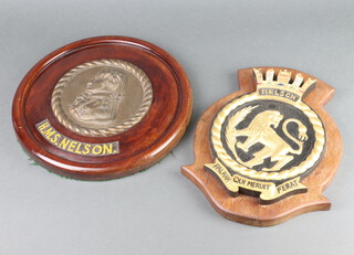 A circular bronze plaque depicting a head and shoulders portrait of Nelson marked H.M.S Nelson contained in a mahogany frame 29cm, together with a carved wooden plaque H.M.S. Nelson 31cm x 23cm 