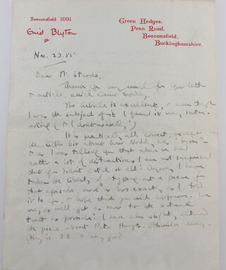 Enid Blyton, a handwritten letter on Green Hedges Penn Road Beaconsfield Buckinghamshire note paper, dated November 23rd 1955, 17cm x 13cm 