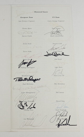 A 2002 "The 34th Ryder Cup Matches" welcome dinner menu, Tuesday 24th September 2002, signed by the Honoured Guests of the European Team including Sam Torrance (Captain), Thomas Bjorn, Darren Clarke, Niclas Fasth, Pierre Fulke, Sergio Garcia, Padraig Harrington, Bernhard Langer, Paul McGinley, Colin Montgomerie, Jesper Parnevik, Phillip Price, Lee Westwood and US Team including Curtis Strange (Captain), Paul Azinger, Mark Calcavecchia, Stewart Cink, David Duval, Jim Furyk, Scott Hoch, Davis Love III, Phil Mickelson, Hal Sutton, David Toms, Scott Verplank and Tiger Woods, some of the signatures have faded  