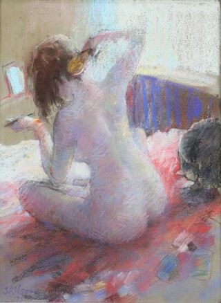 Gillian Shilson, pastel signed, study of a naked lady brushing her hair 29cm x 22cm 