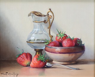 Robert Chailloux, (1913-2006), oil on board signed, still life study, rock crystal gilt mounted ewer with a bowl of strawberries and spoon 21cm x 26cm  