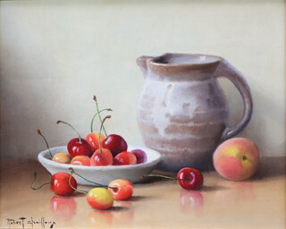 Robert Chailloux (1913-2006), oil on board signed, still life study of a an earthenware jug, bowl of cherries and an apricot 21cm x 25cm  