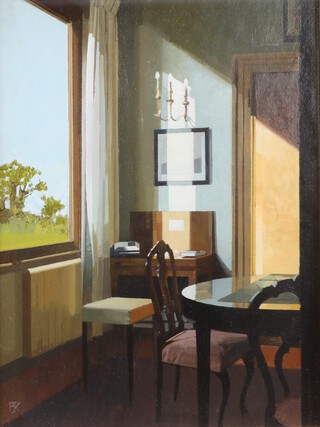**Peter Kelly RBA (1931-2019), oil on board "Sunlight in the Study" monogrammed, label on verso 29cm x 22cm **Please note: Artist Re-sale Right may be payable on this lot