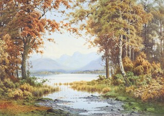 E L H Thompson, watercolour, "The Langdale Pikes" loch scene with distant mountains 25cm x 35cm 