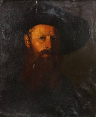 A 19th Century Continental oil painting on canvas laid on board, portrait of a gentleman wearing a wide brimmed hat 52cm x 43cm 