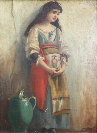 19th Century oil on board unsigned, portrait of a Continental girl with water pitcher by her side 50cm x 37cm 