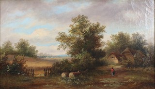 19th Century oil on canvas unsigned, extensive landscape with a figure before a cottage, 28cm x 49cm 